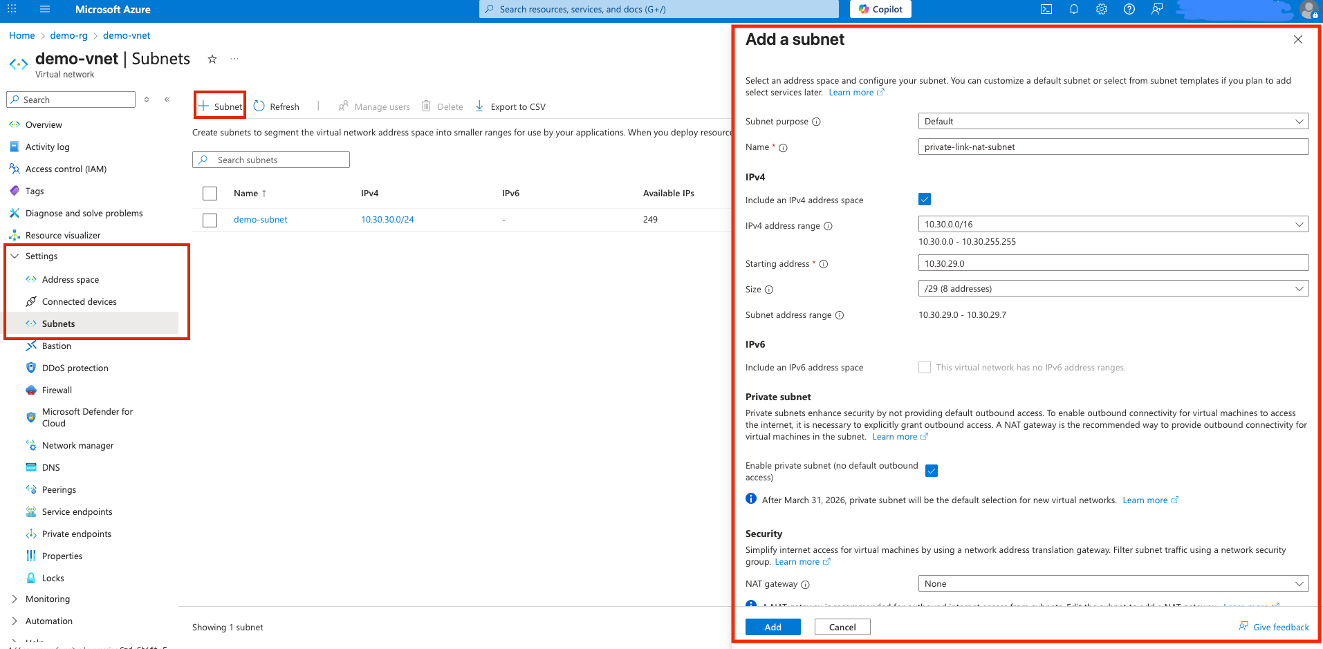 Screenshot of steps 4-5: NAT Subnet creation for Private Link Service