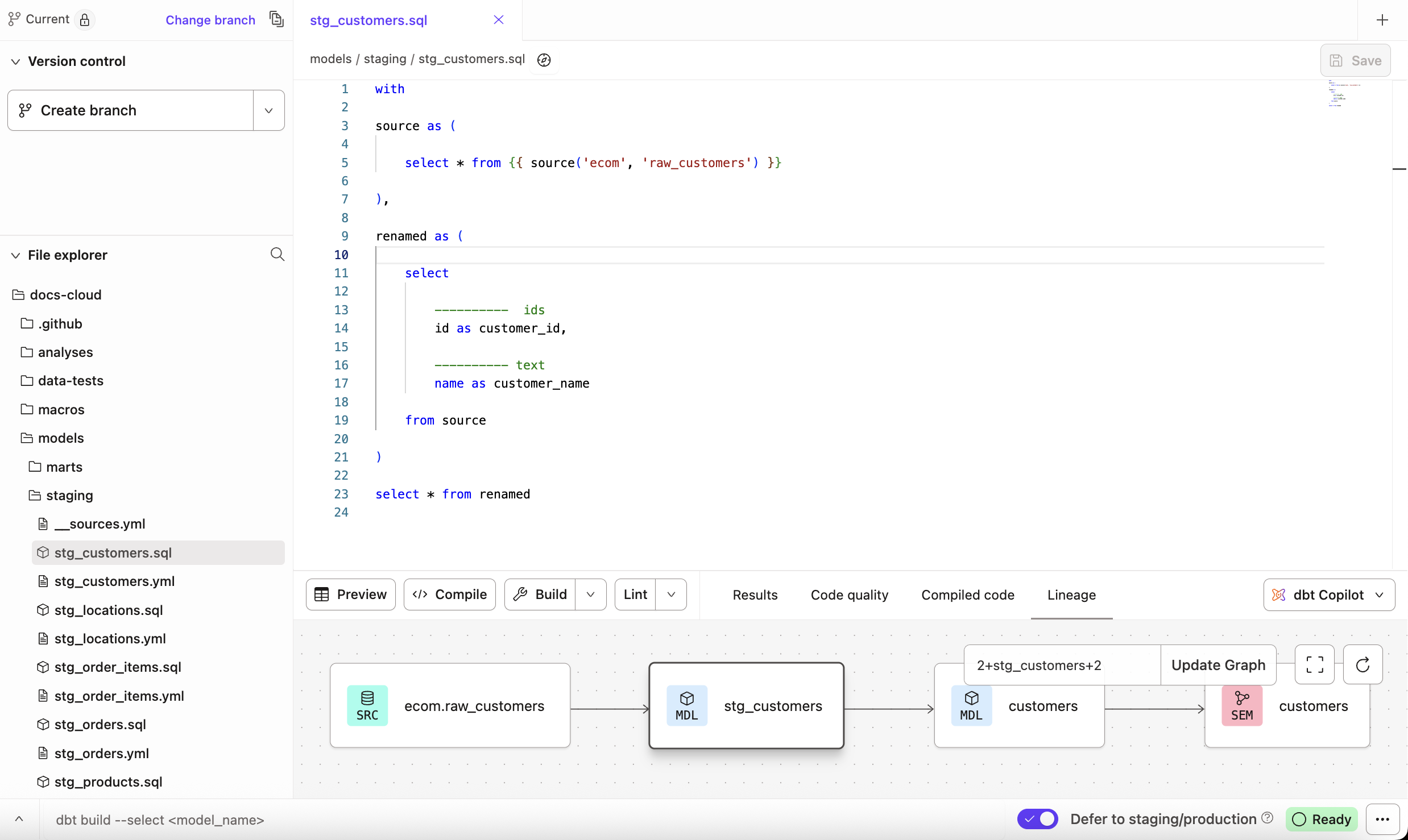 The Studio IDE layout includes version control on the upper left, files/folders on the left, editor on the right an command/console at the bottom