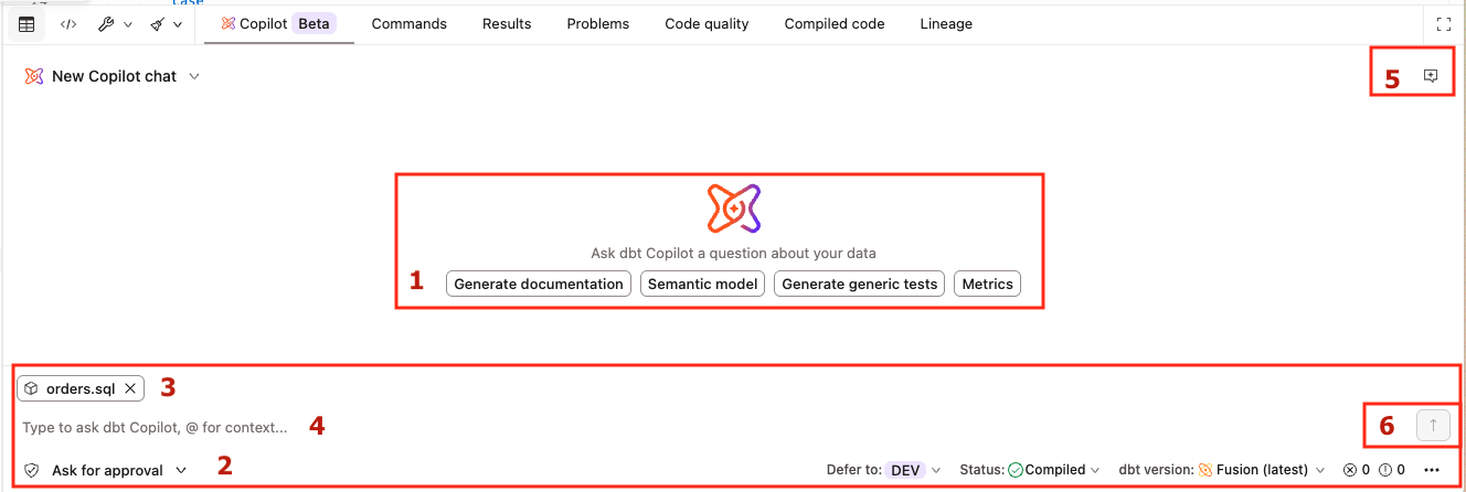 The Copilot panel in the Studio IDE showing quick-action buttons, text input field, and agent mode controls.
