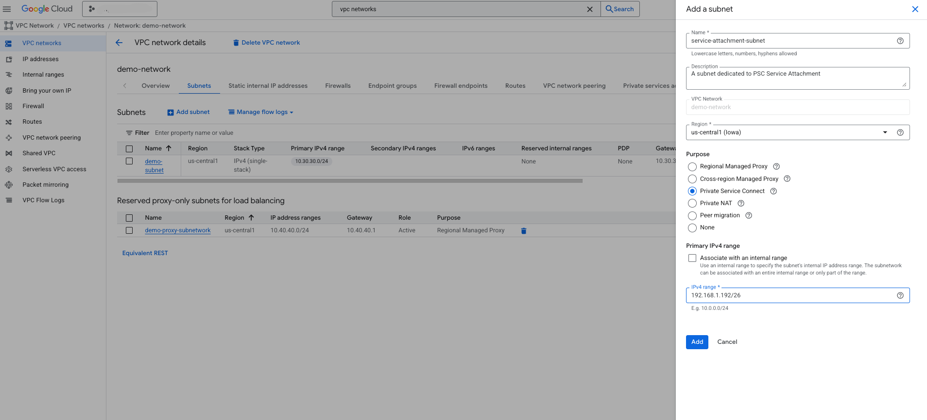 Screenshot of step 6: Subnet creation for PSC Service Attachment
