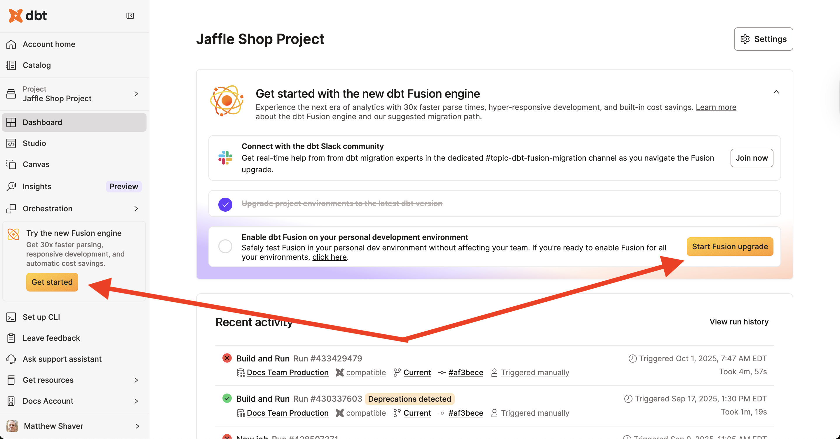 Start the Fusion upgrade from the project homepage Start the Fusion upgrade from the project homepage